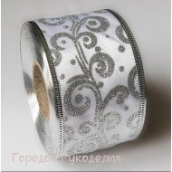 Стрічка Новорічна 6,3см, САТИН, колір БІЛИЙ+СРІБЛО