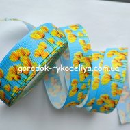 Репсова стрічка 2,5см жовто-голубі маки
