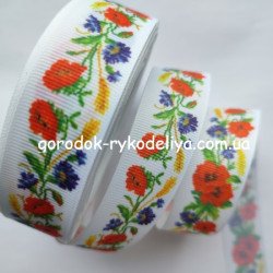 Репсова стрічка 2,5см укр. мак+волошка+колосся